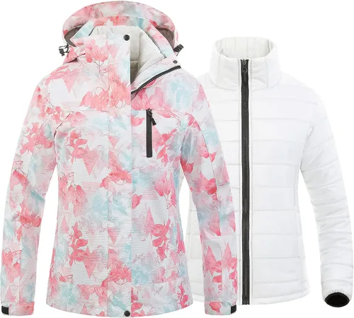 Vista 8 de CREATMO US Chaqueta de esquí impermeable 3 en 1 para mujer, resistente al viento, chaqueta de snowboard cálida para invierno