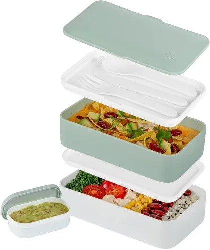 Vista 23 de Restaurantware -Bento Tek - Lonchera apilable de 40.5 onzas, 1 contenedor reutilizable para adultos – con utensilios, taza de salsa incluida, caja