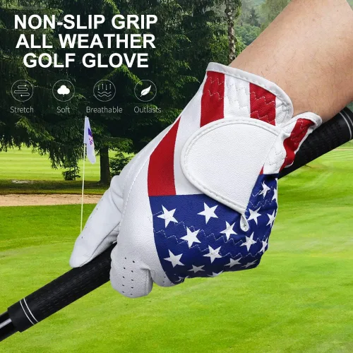 Vista 4 de Guantes de golf para hombres y mujeres, mano izquierda para golfista diestro, patrón de bandera estadounidense, cuero sintético, fibra de licra
