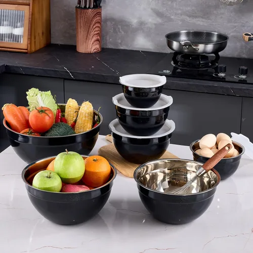 Vista 9 de Cuencos Negros para Mezclar con Tapas Herméticas, Cuenco de Acero Inoxidable, Cuencos para Ensalada de 7 Piezas, Cuencos Anidables Coloridos Negros