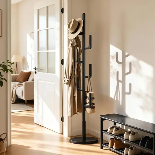 Vista 3 de Perchero independiente de madera maciza de cactus con 6 ganchos en forma de L y 3 tamaños ajustables, para dormitorio, entrada, sala de estar