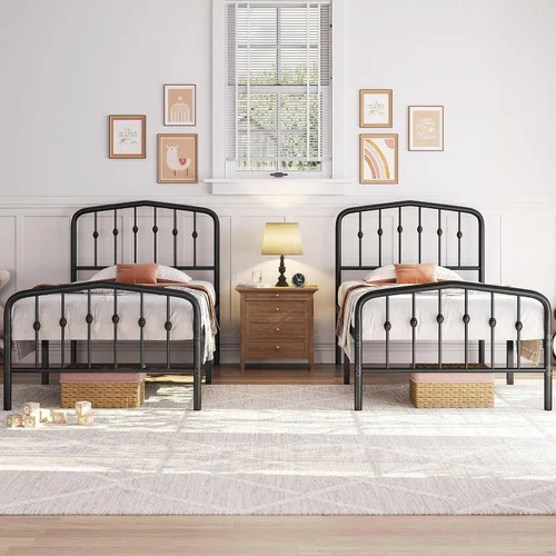 Vista 10 de Yaheetech - Marco de cama de metal individual, 2 piezas, cabecero victoriano, dorado antiguo Sturdy iron frame supports 800 lbs quietly; easy