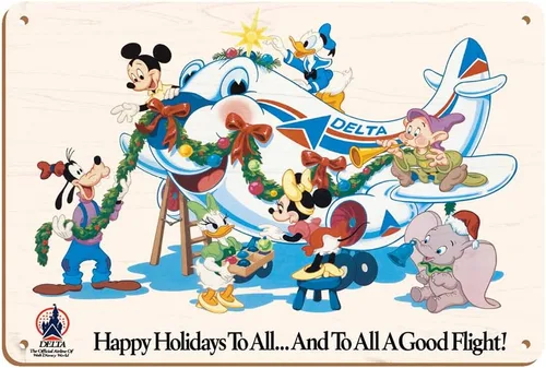 Vista 5 de Mickey Mouse y personajes de Disney – Happy Holidays to All – Delta Air Lines (aerolínea oficial de Disney World) – Póster vintage de viaje c.1960s