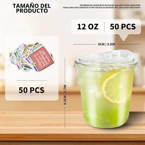 Vista 2 de 50 juegos de vasos de plástico transparente con tapas para sorber sin pajilla, vasos desechables de fondo redondo de 12 onzas para café helado