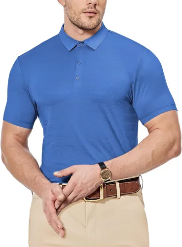 Vista 2 de Camisa de golf Dry Fit para hombre, polo de manga corta, atlética, con cuello de malla, absorbe la humedad, tecnología sin costuras