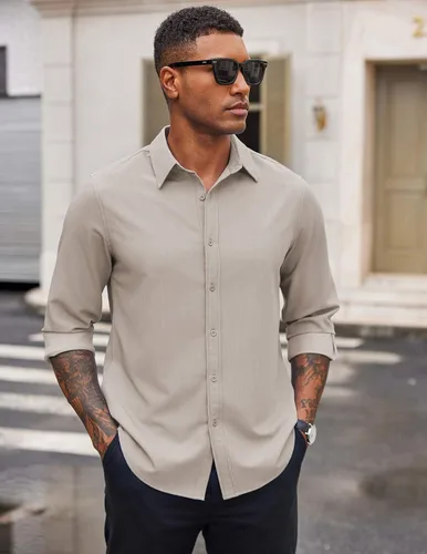 Vista 10 de COOFANDY Camisa de vestir casual de mezclilla con botones y manga larga para hombre