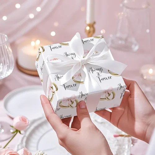 Vista 5 de RUSPEPA Rollo de papel de regalo de boda, mini rollo, lazos rosas y anillos dorados con diseño de texto "Always & Forever", elegante envoltura