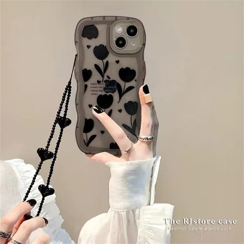 Vista 3 de Funda compatible con iPhone 11 Pro Max con bonito diseño de flores negras y sencillas, para mujeres, adolescentes y niñas, funda protectora de lente