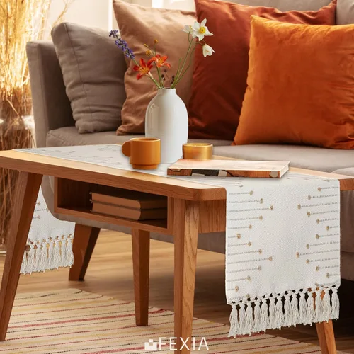 Vista 5 de FEXIA Camino de mesa bohemio para decoración del hogar, 12 x 72 pulgadas, decoración rústica de macramé Beige