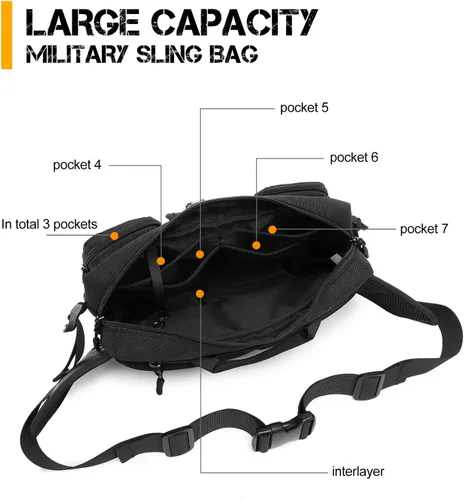 Vista 5 de ATZB Riñonera táctica para hombre, bandolera en el pecho, hombro cruzado, riñonera para senderismo, Negro