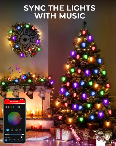 Vista 5 de Avatar Controls Luces de Navidad inteligentes C9 para exteriores, 33 pies, 50 LED, aplicación y control remoto, sincronización de música, 16 M