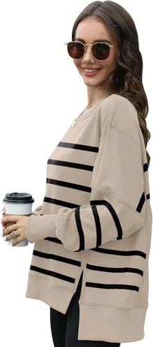 Vista 3 de GUNEST Sudaderas de gran tamaño para mujer, cuello redondo, manga larga, casual, con abertura, ropa de moda 2023
