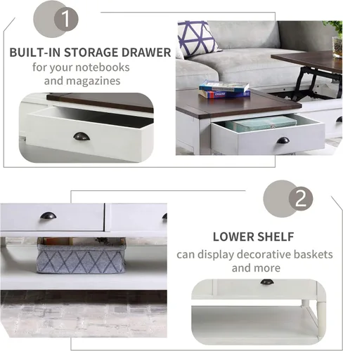 Vista 6 de RUNNA Mesa de centro elevable, mesa de centro elevable con 1 cajón de almacenamiento y estante, sofá de madera ajustable para té, mesa de centro