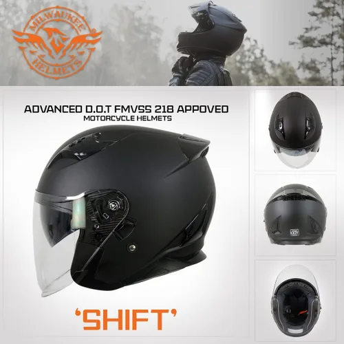 Vista 6 de Milwaukee Performance Helmets MPH9805DOT Shift Open Face 3/4 Matte Black Helmet Biker w/ Drop Down Visor