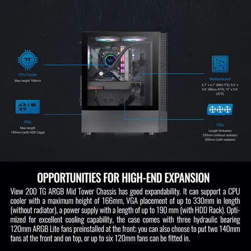 Vista 6 de Thermaltake View 200 TG ARGB Motherboard Sync ATX Caja de computadora de torre media de vidrio templado con ventilador ARGB frontal de 0.118 x 4.724