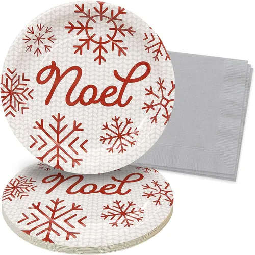 Vista 14 de HOME & HOOPLA Platos y servilletas de papel grandes para fiesta de Navidad, diseño calmado y brillante en verde y dorado moderno (para 16 personas)