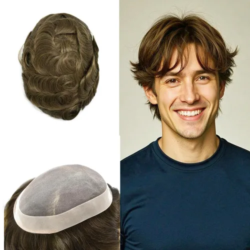 Vista 106 de Mens Toupee Hair Piece Real Human Hair Fine Mono Toupee para hombres Sistema de reemplazo de cabello para hombre Postizo Protesis Capilar Para