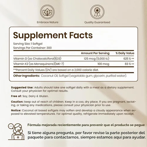 Vista 2 de VEV Corefeel Vitamina D3 K2, 5000 UI D3 100mcg K2 (MK 7), 300 cápsulas blandas, suplemento de vitamina D y K 2 en 1 con aceite de coco, apoya