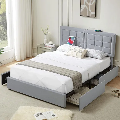 Vista 32 de VECELO Base de cama tamaño matrimonial, cabecera tapizada ajustable con botones, marco de cama resistente con soporte de listones de madera,