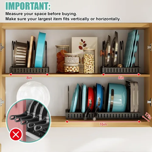Vista 7 de X-cosrack Organizador de ollas y sartenes con 15 separadores ajustables, 7 pulgadas de profundidad x 32 pulgadas de ancho x 7.1 pulgadas de alto, 3