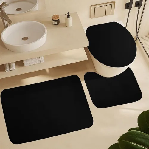 Vista 5 de Juego de 3 alfombras de baño clásicas negras, antideslizantes, en forma de U, con tapa de inodoro