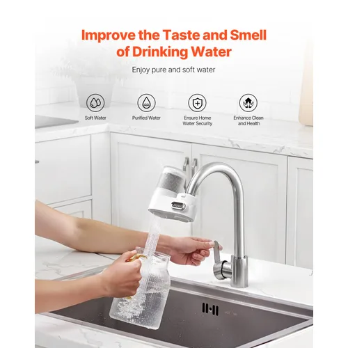 Vista 2 de Happybuy Filtro de agua para grifo: purificador vertical con filtro de carbono, se adapta a la mayoría de grifos de fregadero, elimina el cloro