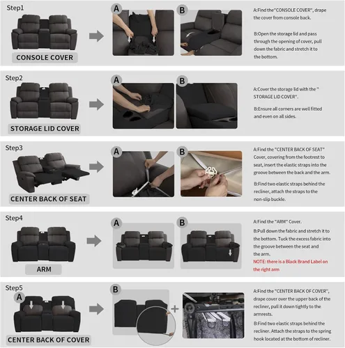 Vista 7 de Easy-Going - Funda elástica para sofá reclinable biplaza con consola central, cubierta suave de vellón ajustada, 2 asientos, con soporte y Negro
