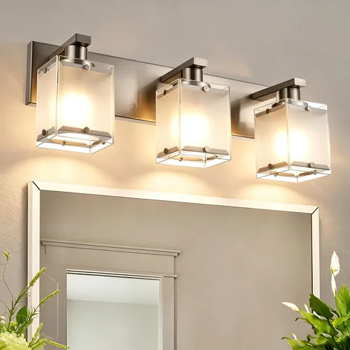 Vista 18 de Lámparas de tocador de baño de 3 luces, modernas luces de tocador con pantalla de vidrio transparente, lámpara de pared de níquel cepillado