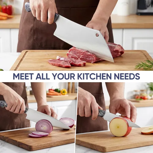 Vista 5 de Topfeel Juego de 3 cuchillos de chef profesional, cuchillos de cocina japoneses ultra afilados, acero inoxidable alemán de alto carbono de 8