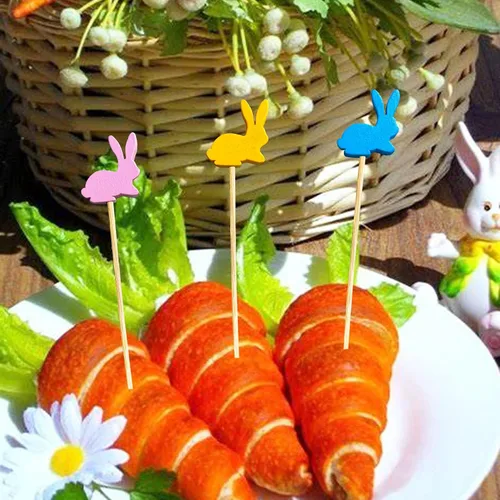 Vista 8 de Púas de cóctel de Pascua, 100 palillos de dientes de conejo de Pascua para aperitivos, palitos de bambú de conejo de Pascua de 4.7 pulgadas
