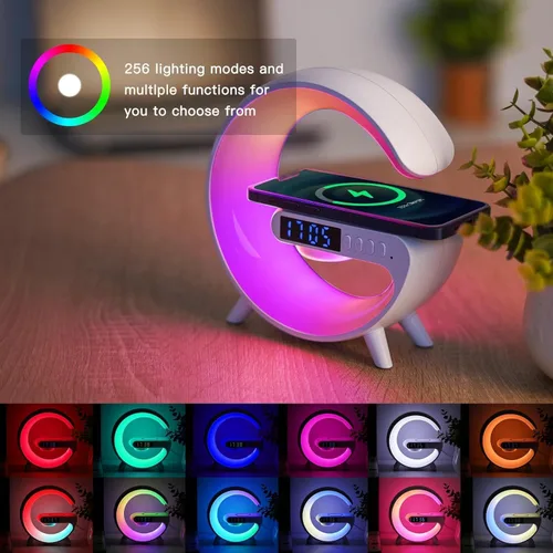 Vista 3 de LeeNabao Nuevo cargador de altavoz inalámbrico, luz de ambiente con función de carga inalámbrica, lámpara de mesa, lámpara de noche con reloj