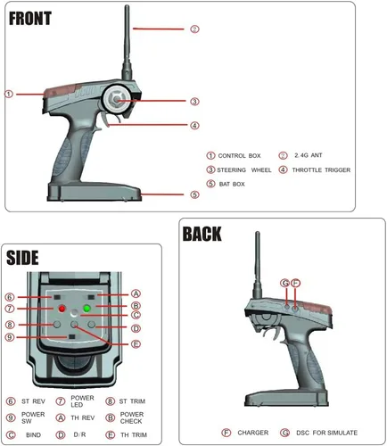 Vista 2 de Controlador de radio GoolRC 2.4 G FS-GT2 2 CH, transmisor (2 canales) y receptor (3 canales) para coche o barco