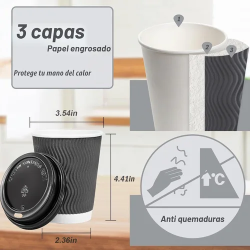 Vista 2 de Lamosi Paquete de 50 tazas de café desechables aisladas de 12 onzas con Gris