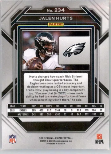 Vista 2 de 2022 Panini Prizm Football #234 Jalen Hurts Philadelphia Eagles Official NFL Trading Card (Stock Photo shown, card is in Near Mint to Mint Condition)