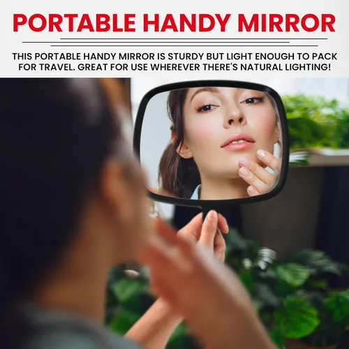 Vista 4 de Espejo de mano MIRRORVANA con mango ergonómico para maquillaje, 8 x 11 pulgadas (negro) Hand Held Mirror for Makeup, Home Haircuts, Dental &