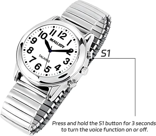 Vista 3 de English Talking Men's Watch for Elderly, Low Vision or Visually Impaired, Loud Sound, Large Numbers, Bold Hands, Stainless Steel Expandable Strap