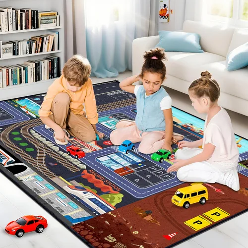 Vista 7 de Car Road - Alfombra de juegos para niños, 5 x 7 pies, alfombra de coche para niños y niños, educativa de tráfico urbano, alfombra de juego lavable