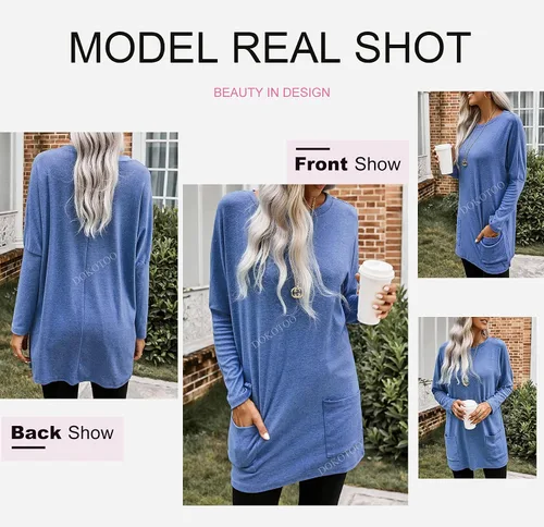 Vista 3 de Dokotoo Camisas casuales de manga larga para mujer, sudaderas ligeras con bolsillos