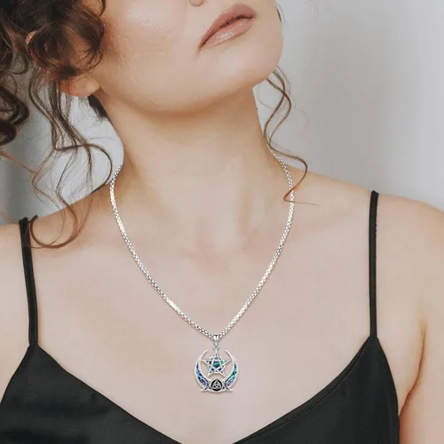 Vista 212 de Collar de pentagrama de plata de ley con triple luna, diosa celta, nudo celta, nudo de brujas, Ankh, sol y luna, Hécate, lilith, Santa Muerte