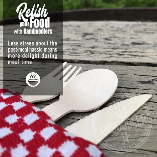 Vista 3 de juego de cubiertos de madera desechables 100 % natural, ecológico, biodegradable y compostable ¡La tierra es genial! 200 utensilios de 6.5