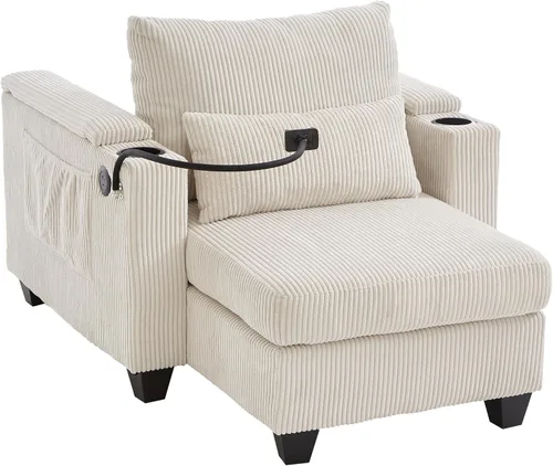 Vista 5 de ERYE Tumbona versátil de 37.4 pulgadas, sofá convertible flexible con brazos de almacenamiento, puertos USB y portavasos, tumbona reclinable