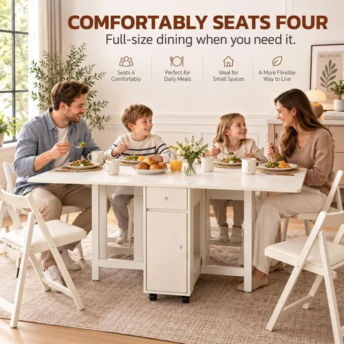 Vista 3 de COMUHOME Mesa de comedor plegable con almacenamiento para espacios pequeños Diseño plegable, 4 ruedas, 2 cajones y gabinete, madera contrachapada