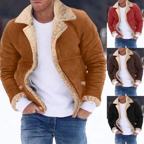 Vista 6 de Abrigo de piel sintética para hombre, chaqueta de sherpa de gamuza térmica, pesada, de piel sintética, con forro, abrigo para exteriores