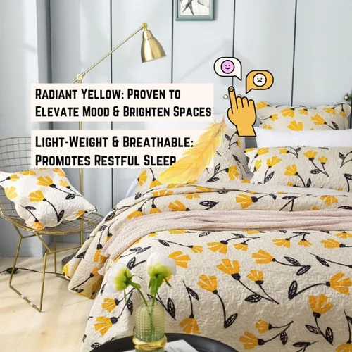 Vista 3 de DaDa Bedding - Juego de colcha acolchada con diseño floral botánico de flores amarillas y doradas, diseño de tulipanes de primavera, bordes