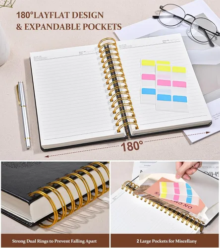 Vista 5 de Cuaderno de espiral rayado de 8.5"×11", 300 páginas con tapa dura de cuero, diarios para mujeres y hombres, cuadernos universitarios rayados A4