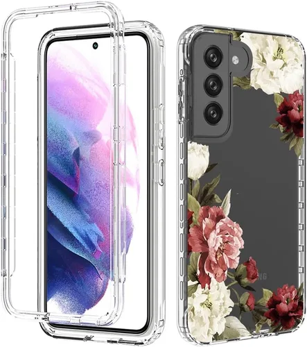 Vista 6 de Funda de teléfono para Galaxy S22, Samsung S22 5G SM-S901U con protector de pantalla de vidrio templado, bonito patrón floral transparente, funda