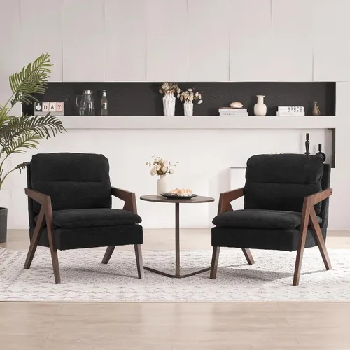 Vista 18 de Silla con acento moderno de mediados de siglo con marco de madera maciza, sillas tapizadas de chenilla para sala de estar con cojín para dormitorio