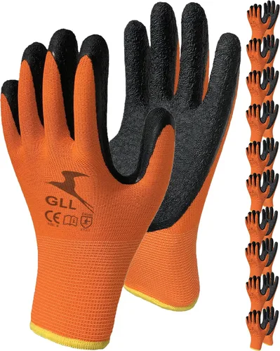 Vista 10 de GLL Guantes de trabajo de seguridad con revestimiento de látex para hombres y mujeres, paquete de 10 pares de agarre firme