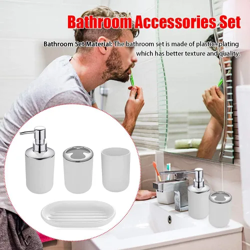 Vista 8 de Juego de accesorios de baño de plástico, colección de 4 piezas, accesorios de baño, incluye soporte para cepillos de dientes, taza para cepillos