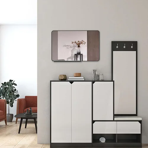 Vista 2 de Espejo de pared con estante para baño, 28 x 18 pulgadas, marco negro, espejos de pared para colgar horizontal o vertical, espejos modernos de pared